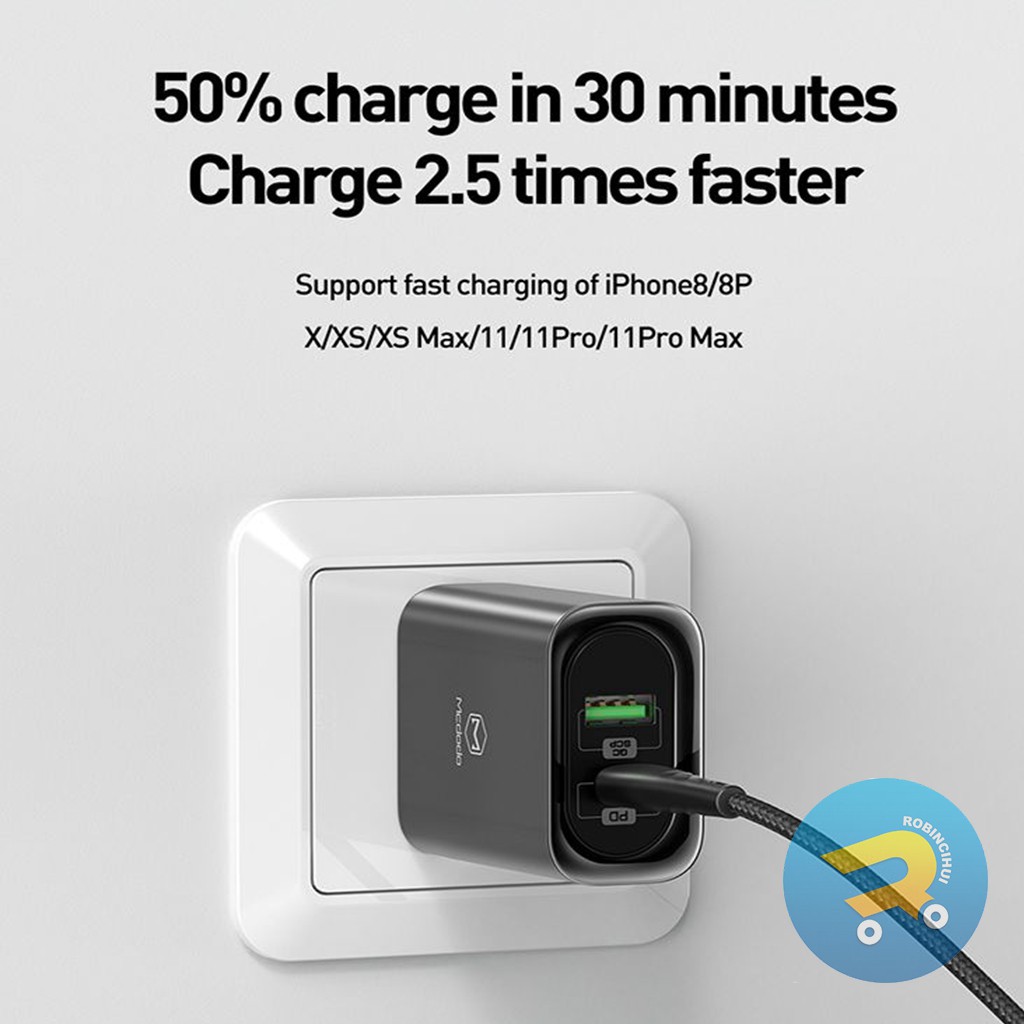 MCDODO Adaptor 30 Watt Charger Dual Slot Fast Charging QC 3.0-QC 4.0-Aplle-Adaptive fast charging