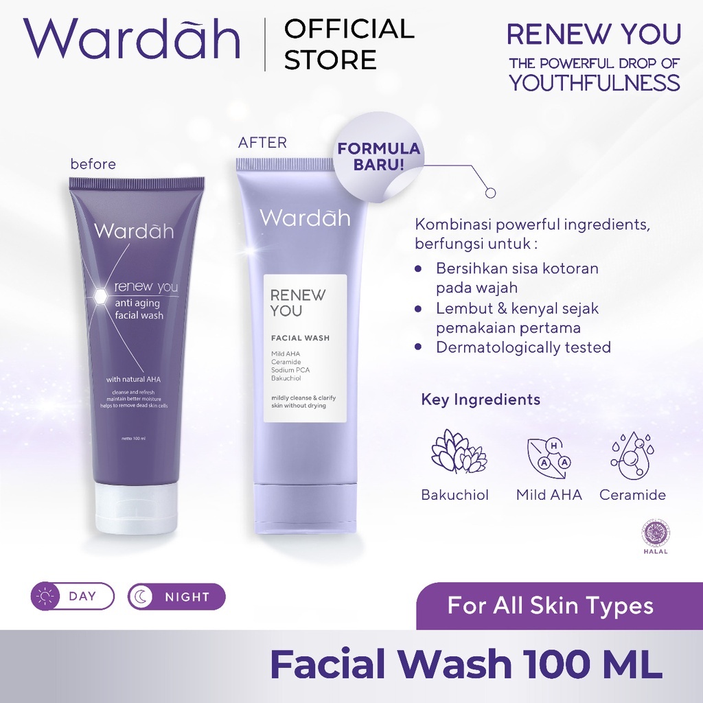 NEW! Wardah Renew You Facial Wash 100ml - Pembersih Wajah dengan Natural AHA dan Non Soap