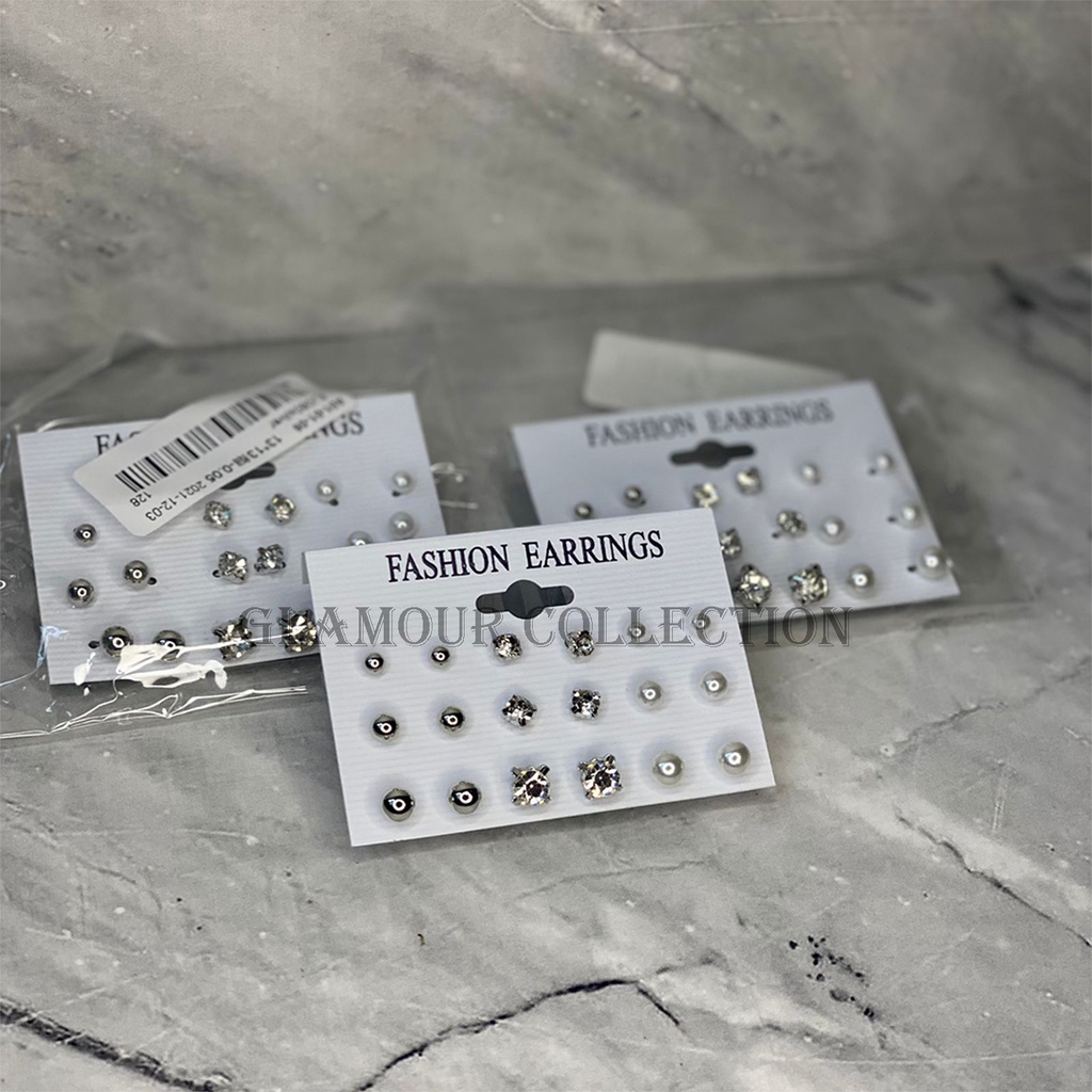 [COD] Anting Tusuk Telinga Permata &amp; Mutiara Model Korea Silver isi 9 Pasang 3 Ukuran 3 Model