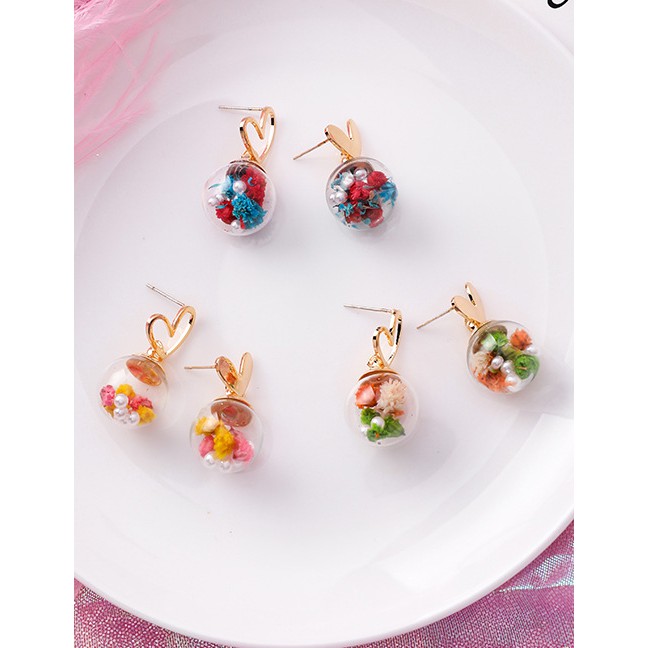 LRC Anting Tusuk Fashion 925 Silver Needle Heart Flower Glass Ball Asymmetric Heart Earring F81356