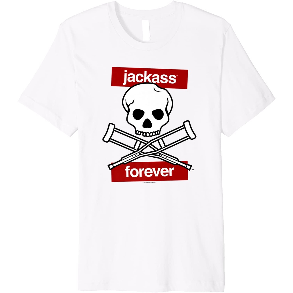 Kaos Dewasa Jackass Forever Red Skull And Crutches Warning Logo Premium T-Shirt - Kaos Pria - Kaos W