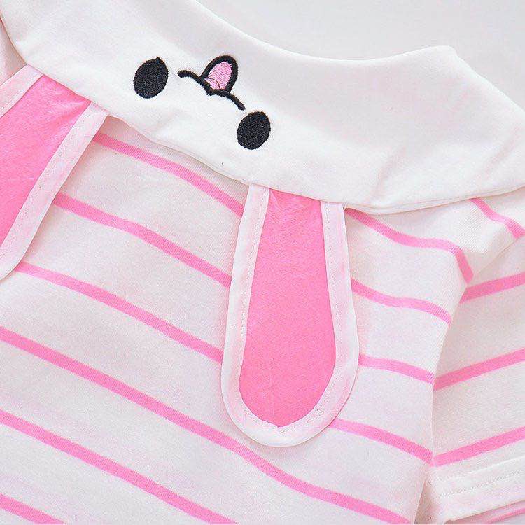 Baju setelan anak perempuan celana rok tutu+ kaos stripped kerah kelinci set anak cewek import-4
