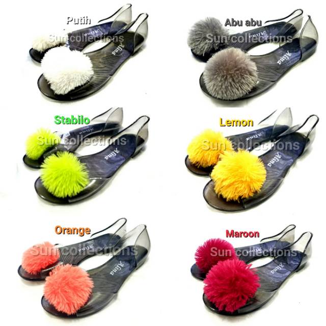 Sepatu Jelly Pompom Kaca 036 /Sepatu flat Transparan pompom