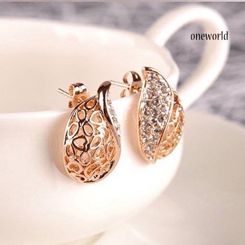 OW@ 1 Pair Fashion Women's Lady Hollow Leaf Rhinestone Ear Stud Earrings Golden Tone