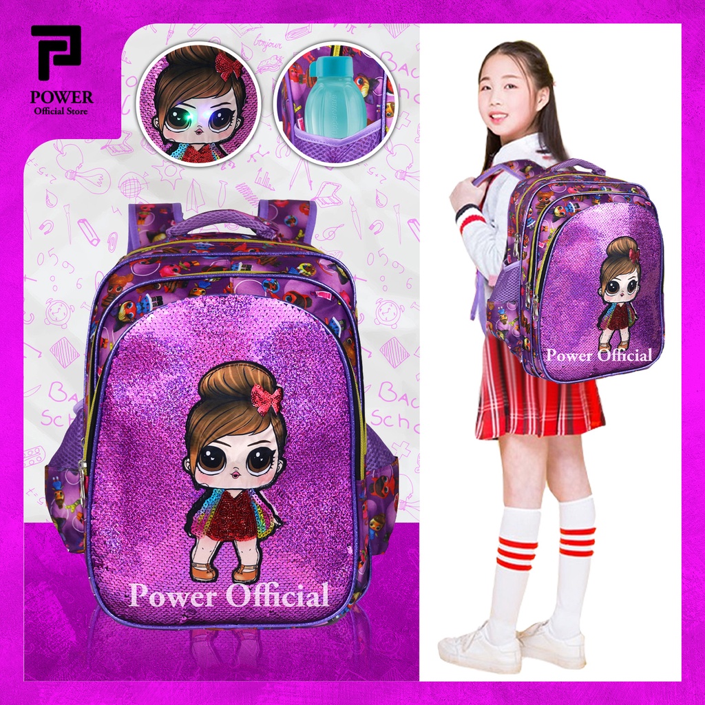 Tas Sekolah Anak Perempuan Ransel Anak SD Karakter LOL Ransel Sekolah Import Anak Cewek Sequin Usap + Mata Lampu