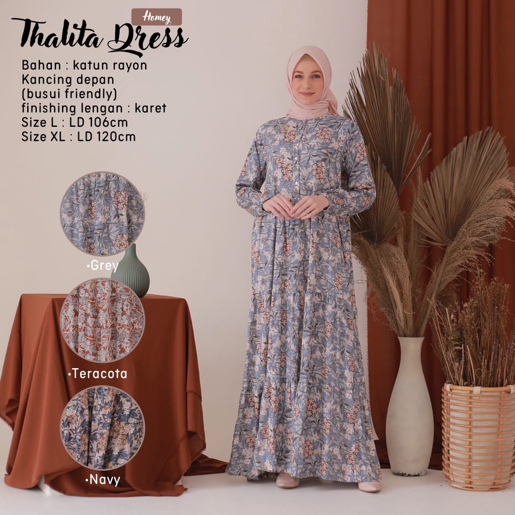 New - Gamis Dewasa Jumbo/Homey Dress Thalita XL-Bahan Katun Rayon Premium Motif Flower-Busana Muslimah Dewasa