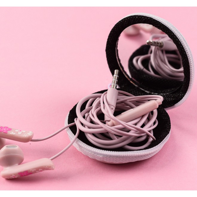 [E-183] Headset Earphone Motif SAKURA Dompet Bulat / Wadah Earphone Bulat Motif Sakura Elegan Simple