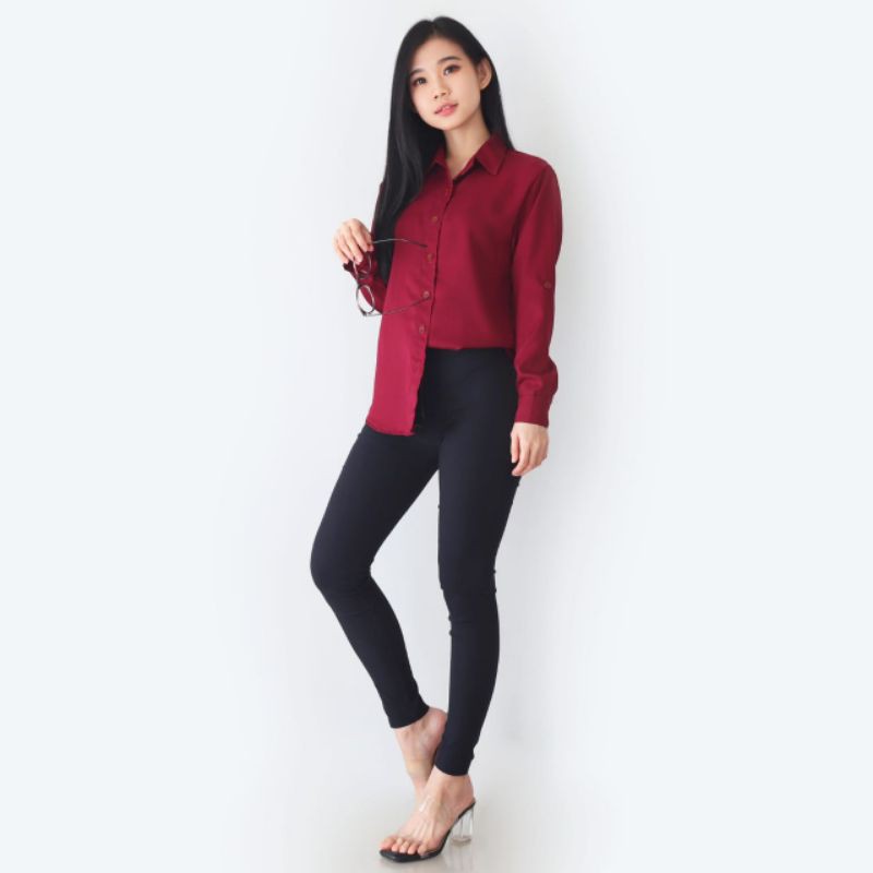 Aurel kemeja - kemeja wanita polos basic lengan panjang size M - XXL-Maroon