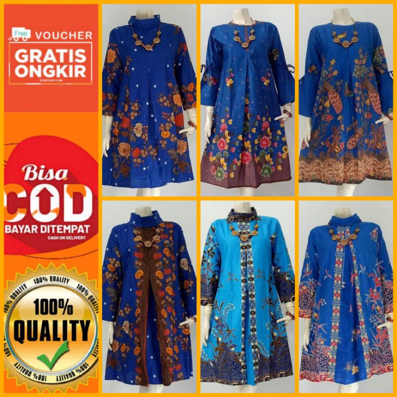 TUNIK BATIK UNGGUL JAYA / ATASAN BATIK WANITA WARNA BIRU ELEKTRIK NAVY