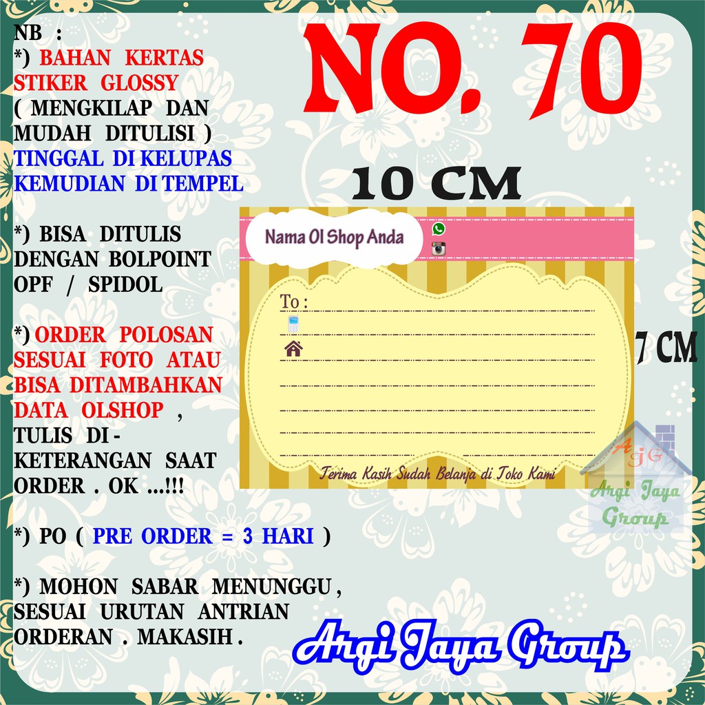 

Stiker Pengiriman - Sticker Alamat Olshop Murah Nomer 70 - 10x7 cm - Glossy