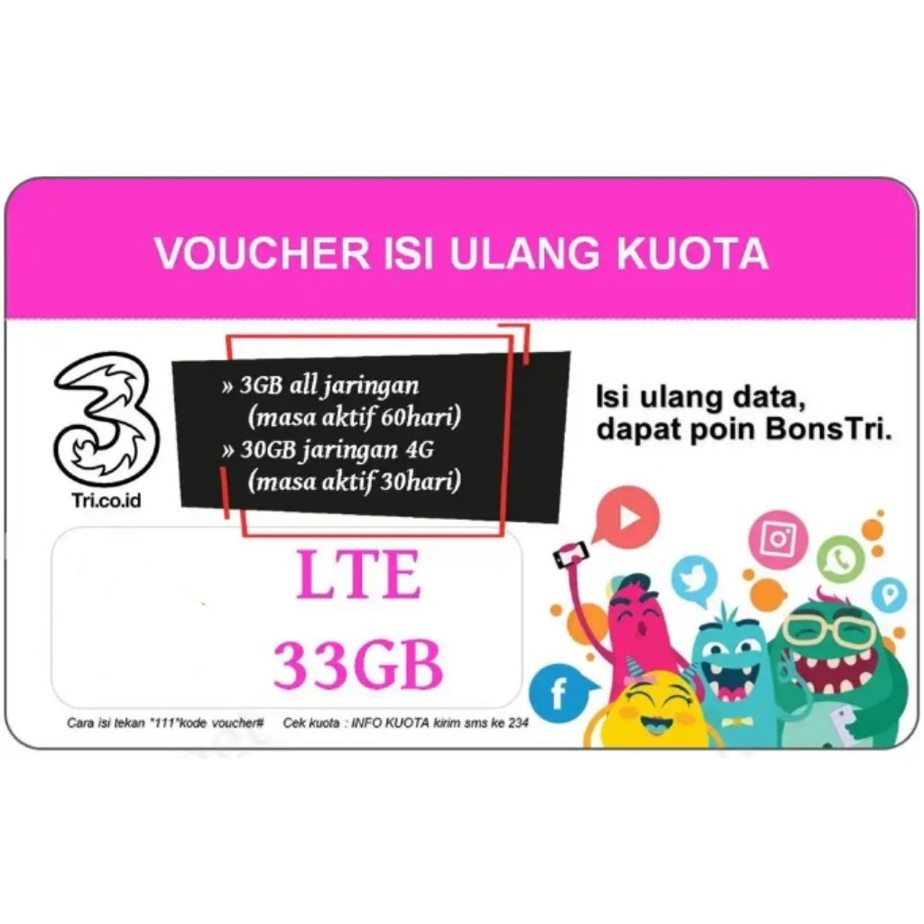 VOUCHER TRI ISI ULANG KUOTA LTE 33 GB PAKET DATA TRI 33 GB