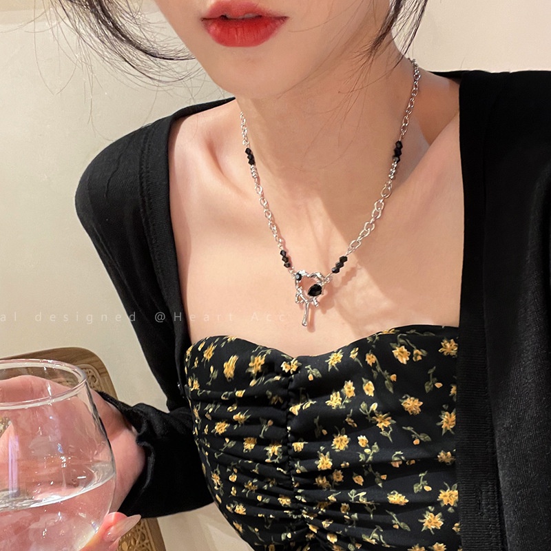 IFYOU Kalung Rantai Liontin Hati Aksen Mutiara Bahan Zirkon Warna Pink Gaya Vintage Untuk Wanita