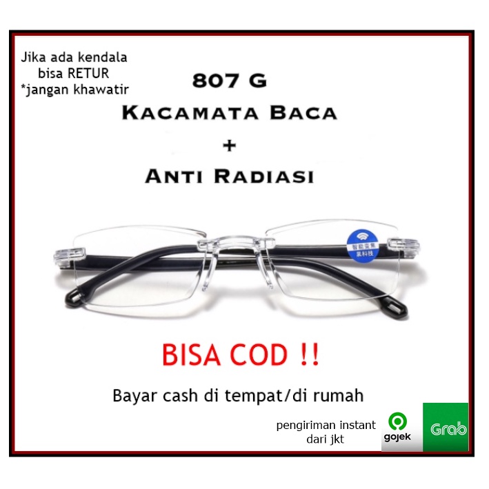 Kacamata Baca Lensa Plus Anti Radiasi +1.00 s/d + 4.00 Kacamata Pria Wanita Reading Glasses 807 G Radiation Premium Bisa Jalan dan Nonton TV