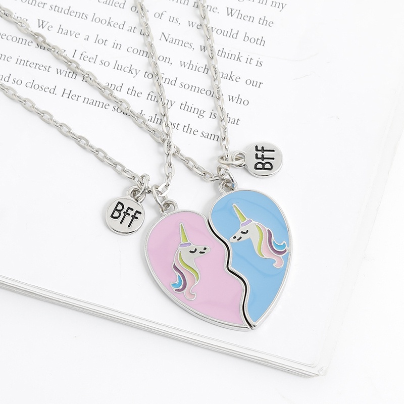 &lt; E2id &amp; &gt; 2pcs / Set Kalung Rantai + Liontin Motif Unicorn + Hati Untuk Perhiasan Wanita / Teman