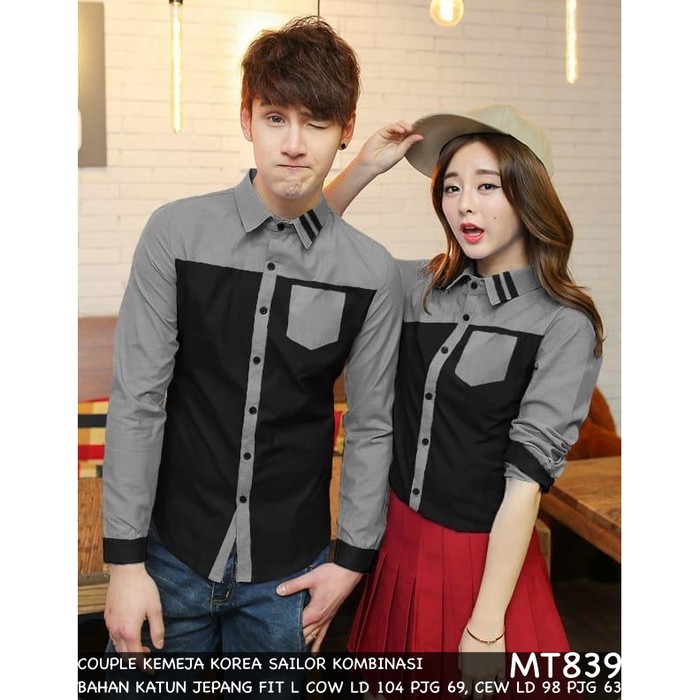 KEMEJA COUPLE/KEMEJA PASANGAN/BAJU COUPLE KOREA HEM SAILOR KOMBINASI - HITAM