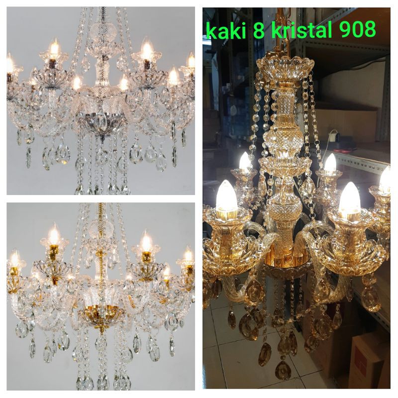 Lampu Gantung Kristal Gelas 8 Lampu 3 Pilihan Warna