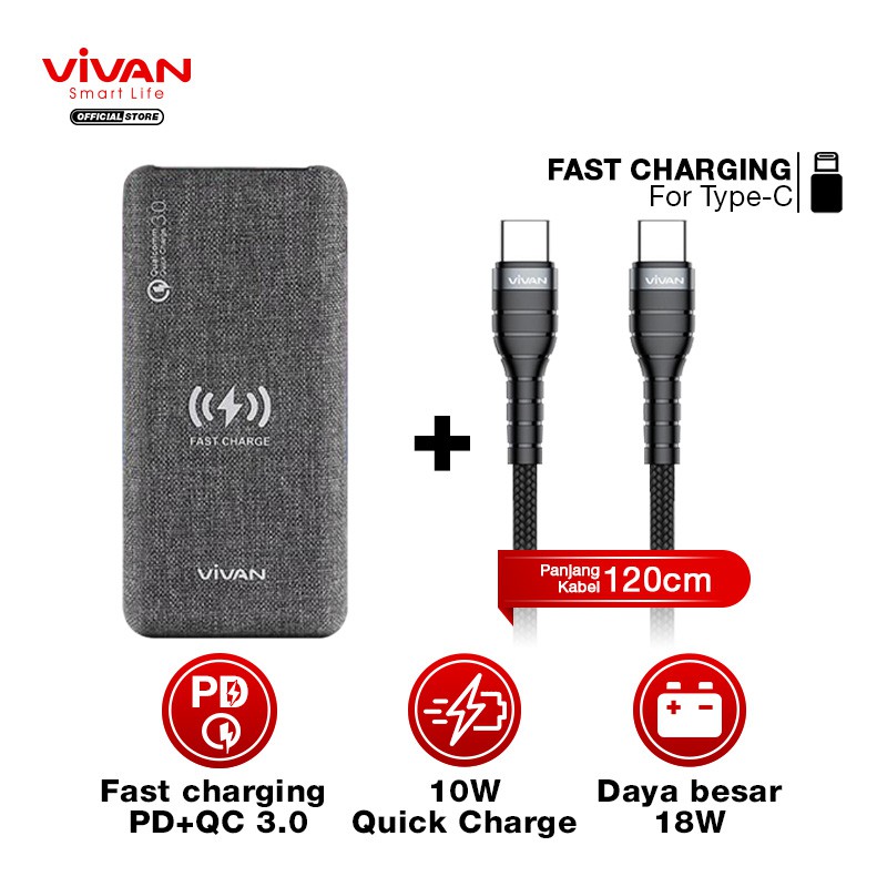 Powerbank Wireless Charging VIVAN VPB-W10 Power Bank 10000mAh PD 3.0 + Kabel Type C to Type C