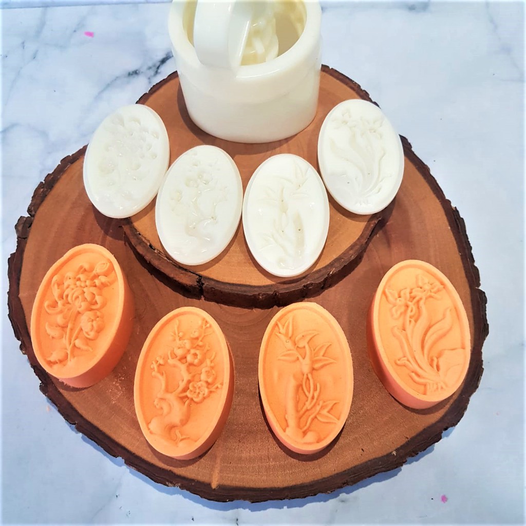 (4pc) cetakan kue bulan (50gr) mooncake press mold PREMIUM-FLOWER OVAL