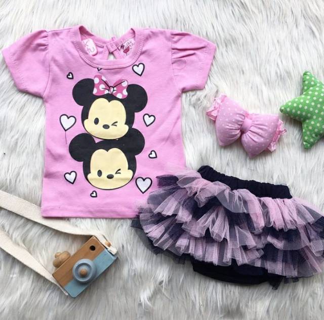 Baju setelan kaos rok bandana motif tsum2 bestseller fashion anak bayi cewek perempuan murah -tsu