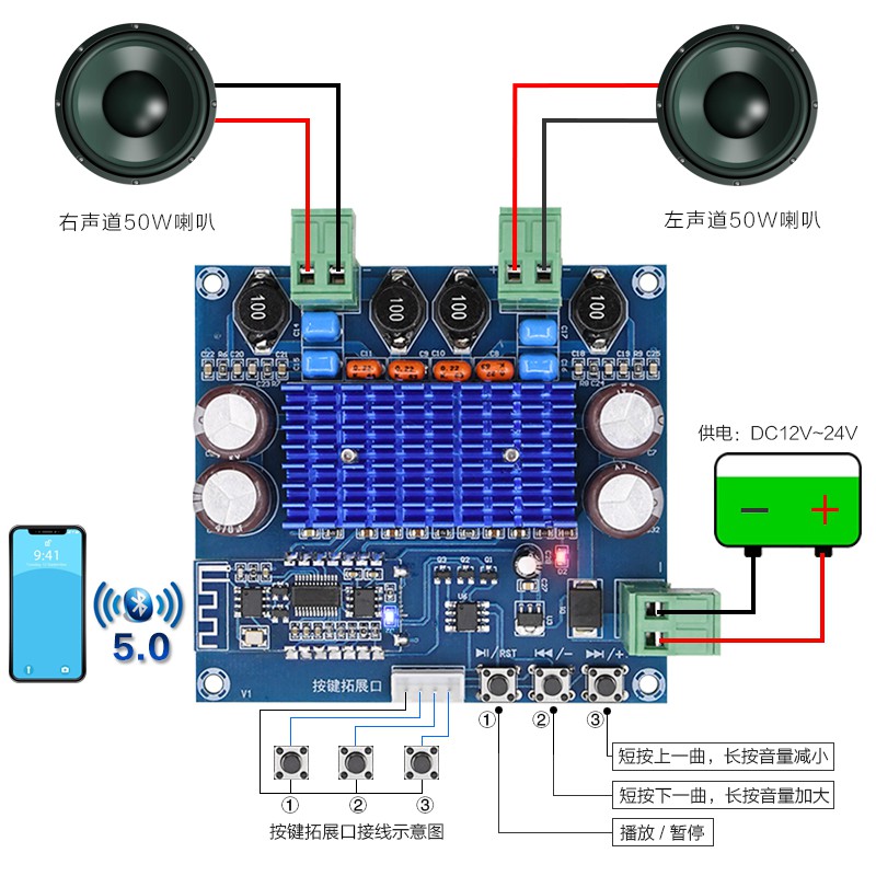 Bluetooth 5.0 Digital Power Amplifier 2x50W (A308)