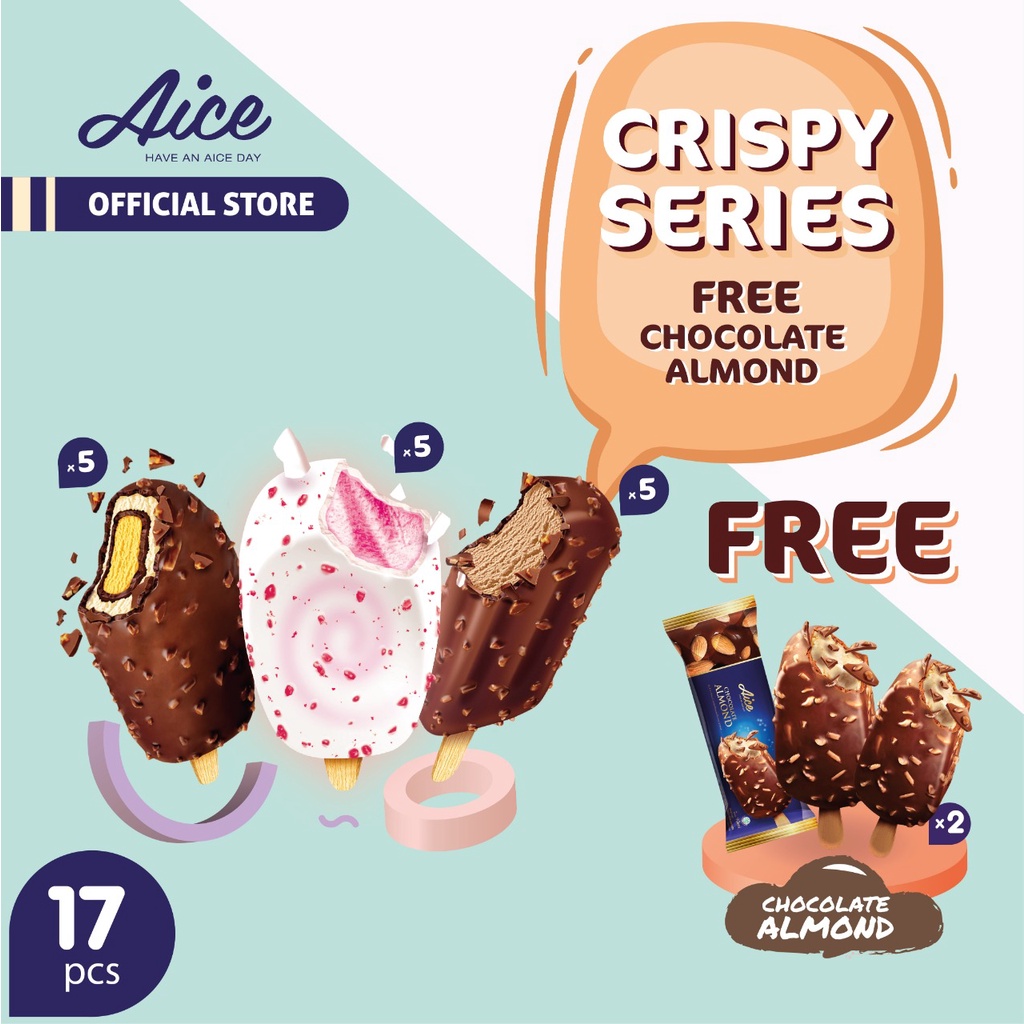 

Paket Aice Ice Cream Crispy series free Chocolate Almond isi 17 pcs