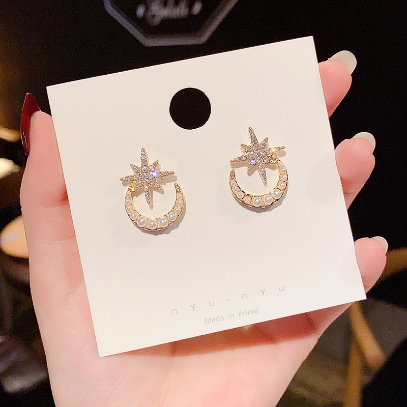 Anting Stud 925 Silver Needle Bentuk Bulan Bintang Aksen Mutiara