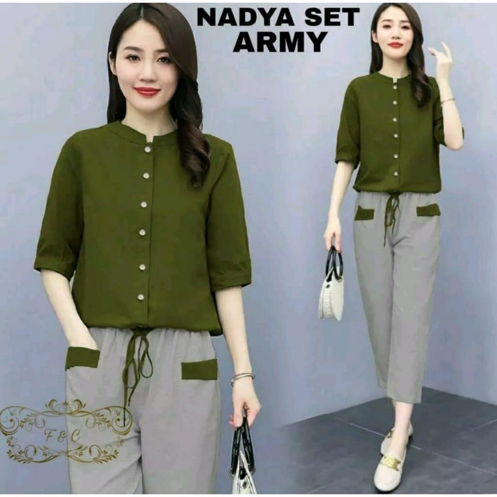 PCS SET NADYA BAHAN MOSCREPE FE SETELAN ATASAN DAN CELANA 3 UKURAN M L XL