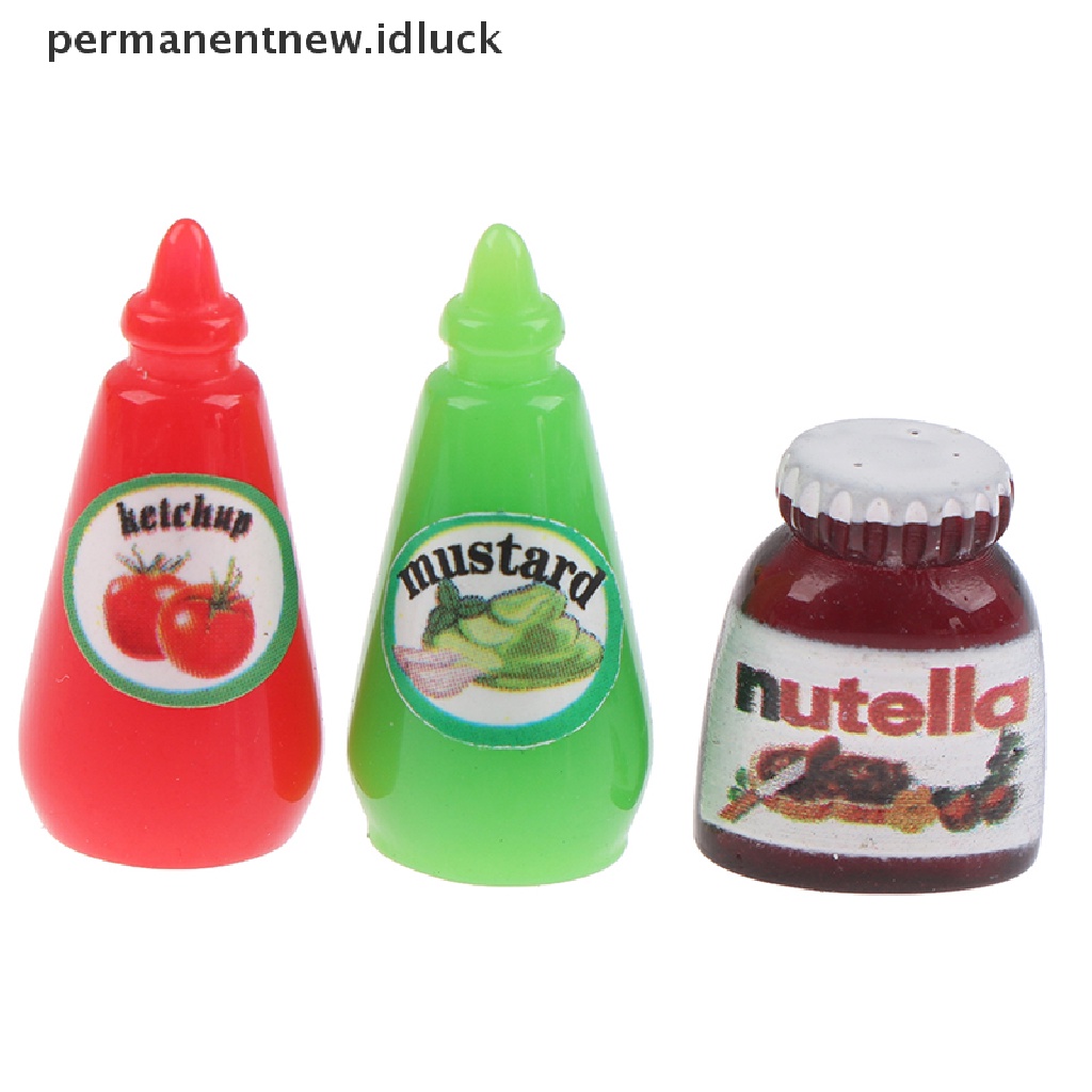 Luckypermanent 3Pcs / Set Mainan Miniatur Botol Bumbu / Kecap / Mustard Untuk Aksesoris Rumah Boneka