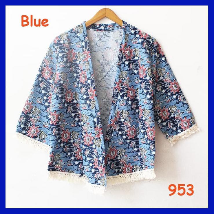 CARDIGAN KIMONO TRIBAL BATIK BUNGA MATAHARI KATUN ADEM RUMBAI CREAM