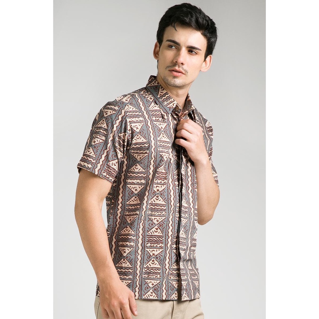 Kemeja Baju Batik Pria Lengan Pendek Cap Tosca Muda Abu-Abu Vooring