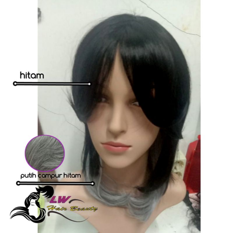 Wig Pria Wanita Poni Belah Kuncir Putih