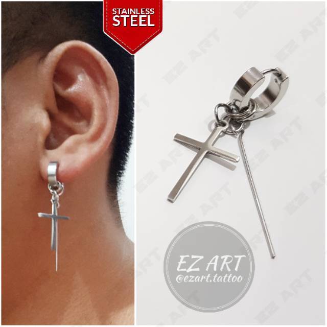 1Pc Model EZ-H Silver Anting Jepit Tusuk Variasi Bandul Salib Punk Korea KPOP Stainless Steel