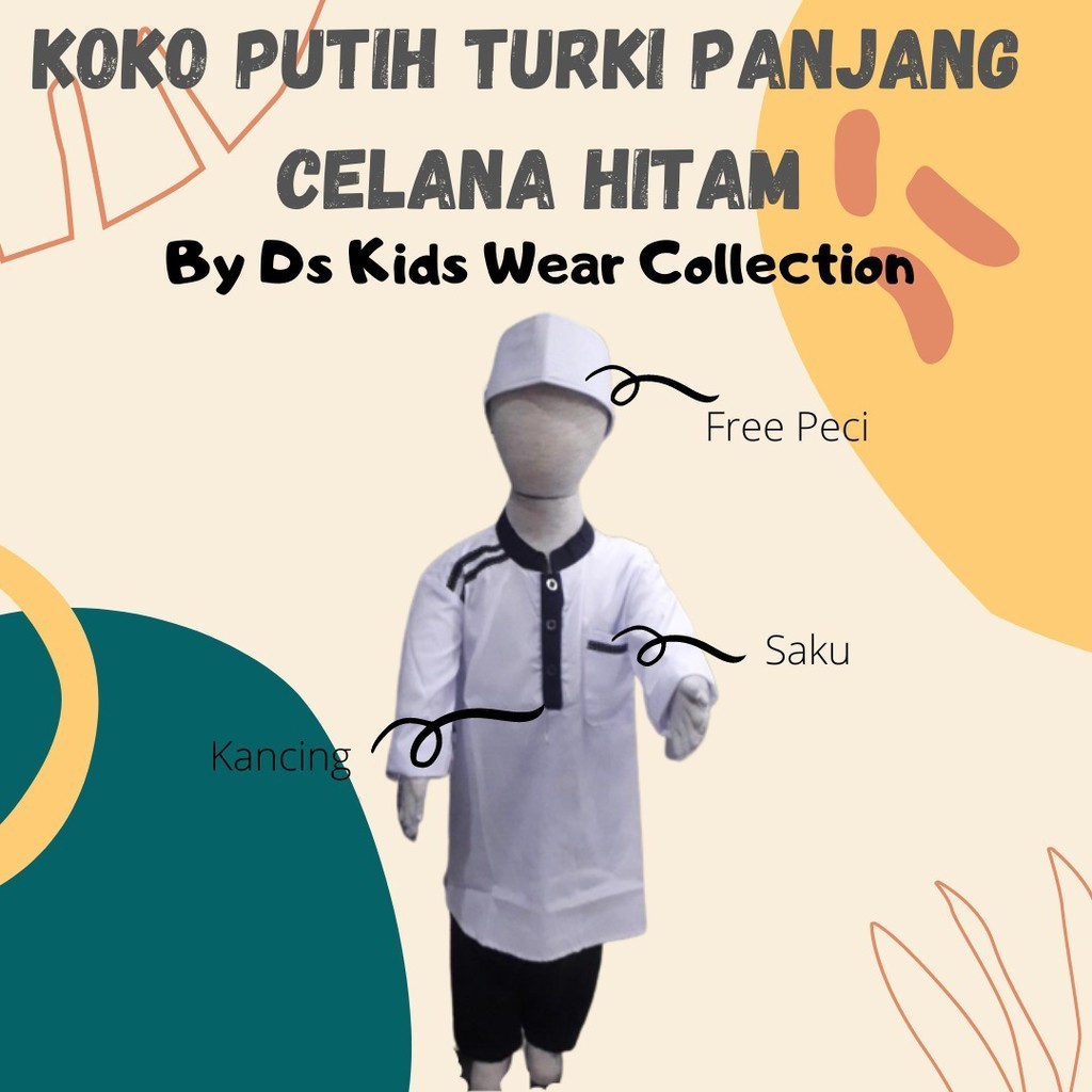 Koko Putih Anak Turki Set Celana Hitam / Koko Putih Panjang Celana Hitam Cahaya Maula Usia 2-13 Thn