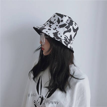 Topi Bucket Pria Dan Wanita Motif Print Panda Sapi Warna Hitam Dan Putih Untuk Musim Panas