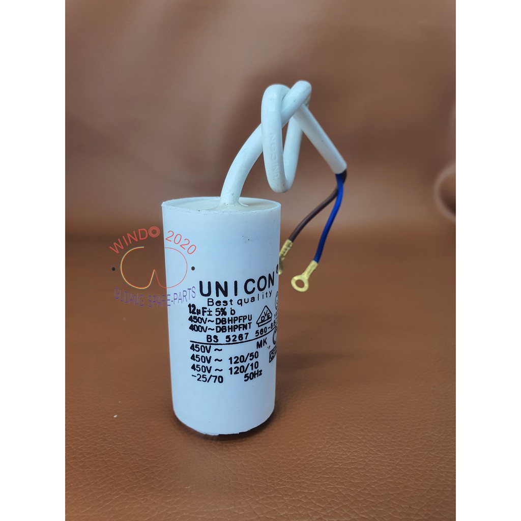 KAPASITOR 12UF BULAT SINGLE UNICON |  ELCO / CAPASITOR MESIN CUCI / POMPA AIR 12 UF MIKRO-FARAD - WINDO