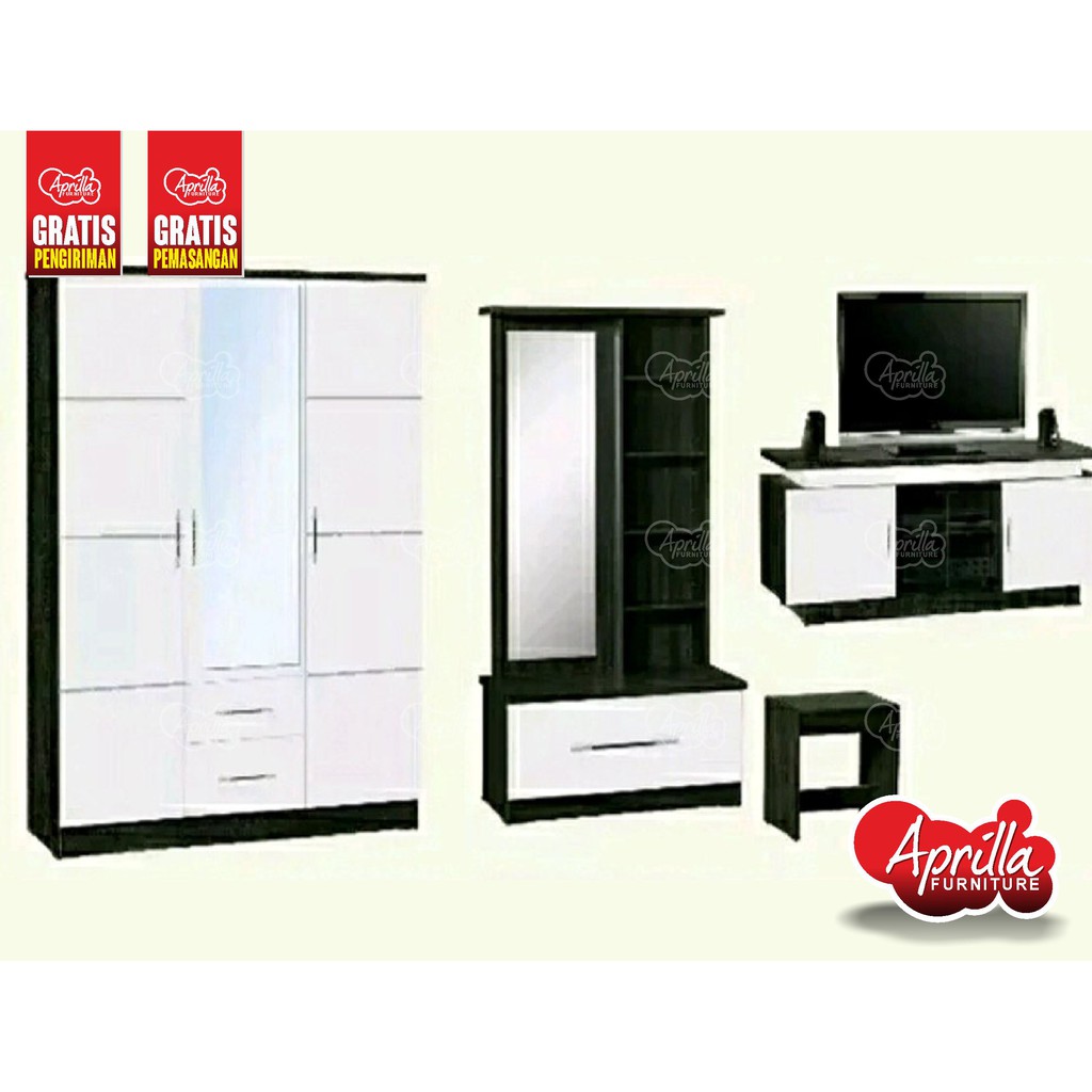 jual paket lemari pakaian meja tv dan meja rias putih | shopee