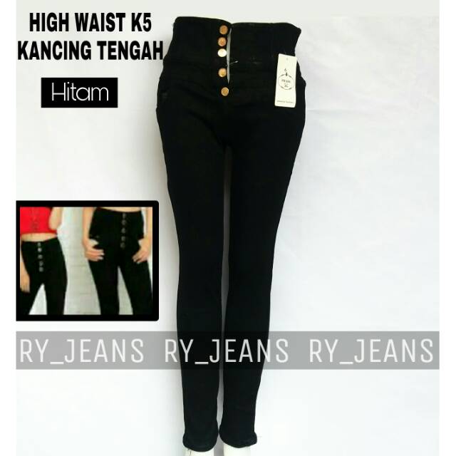 Celana jeans wanita hw jeans hitam highwaist kancing tengah k5 hitam