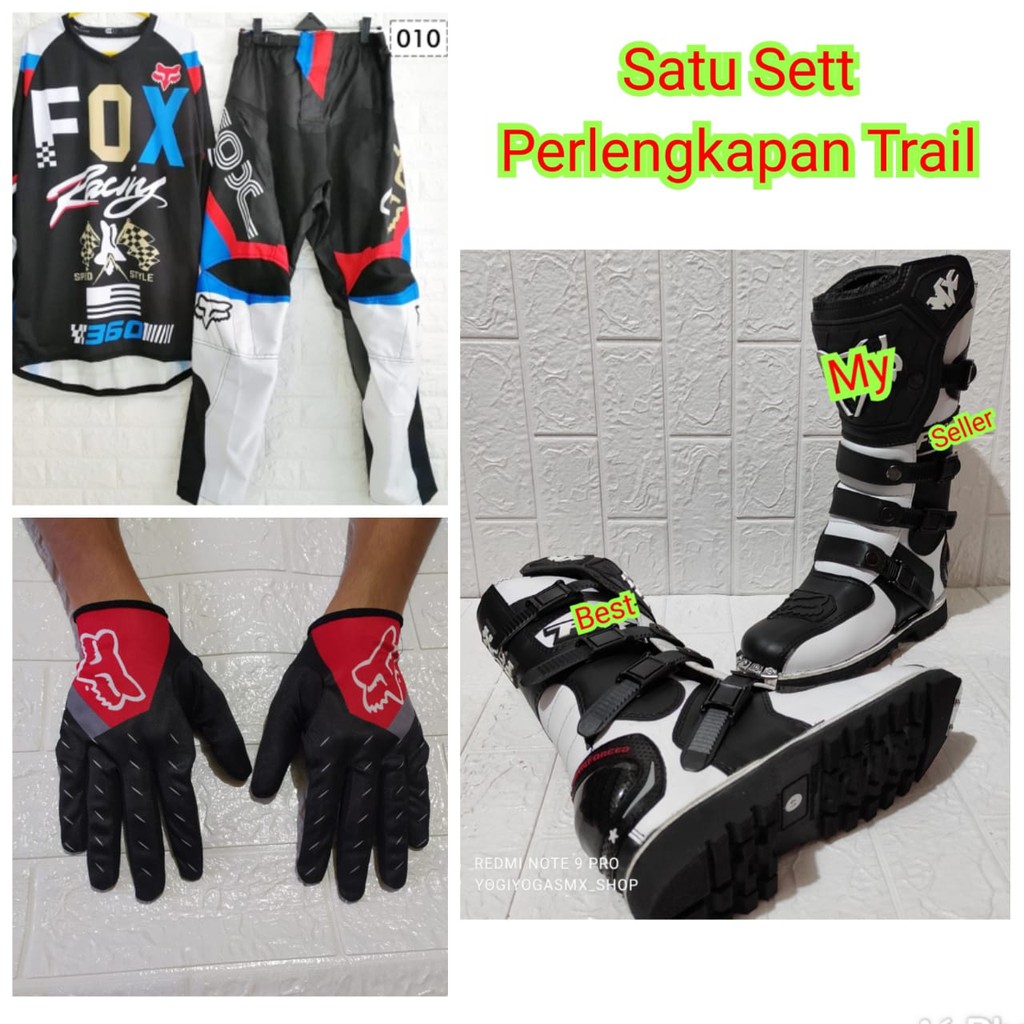 jerseyset cross , sepatu trail &amp; sarung tangan motor cross trail FULSET fx hitam putih