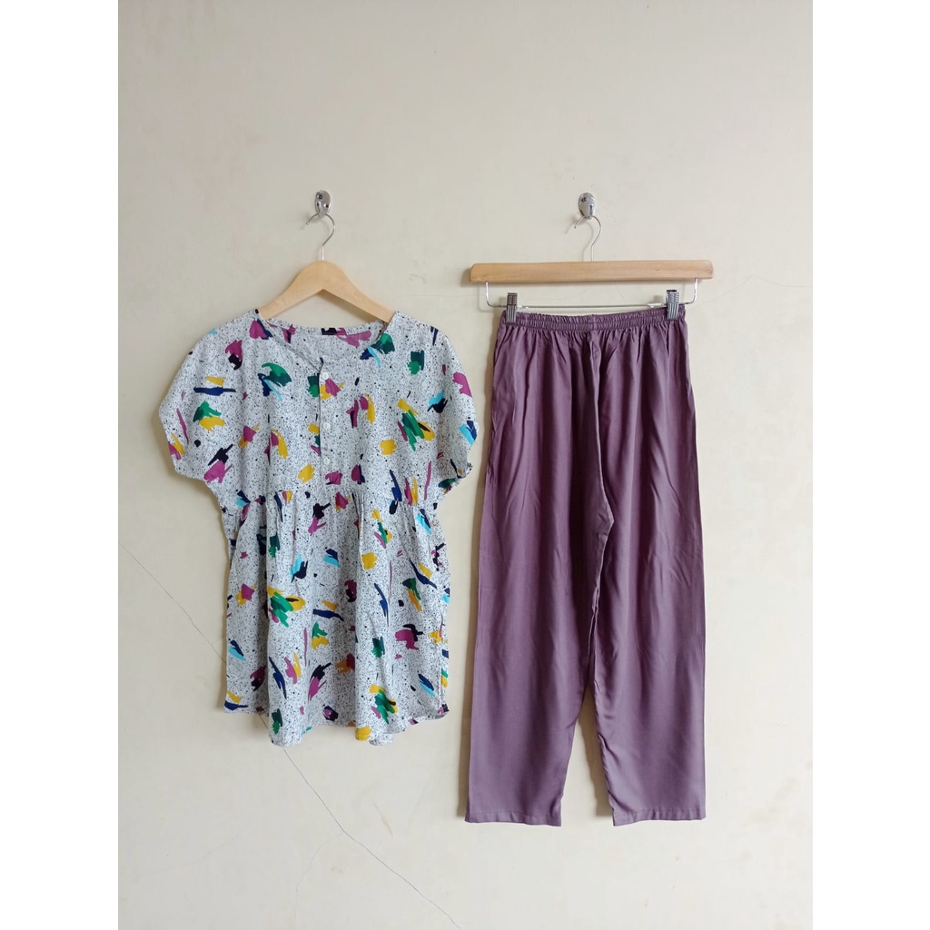 SETELAN BAJU TIDUR PIYAMA WANITA ONE SET PAJAMAS RUFFLE KANCING BUSUI CELANA PANJANG-4