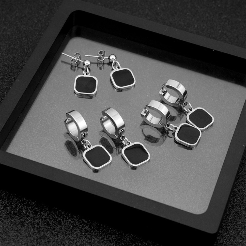 1 Pasang Stainless Steel Temperamen Fashion Hitam Anting-Anting Persegi Tanpa Tindik Telinga Klip