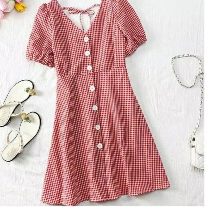 dress kotak kotak mini sexy terusan baju pendek wanita lokal korea