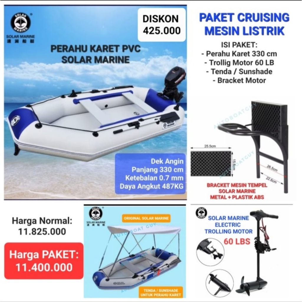 PAKET CRUISING LISTRIK - Perahu Karet PVC- Trolling Motor Solar Marine