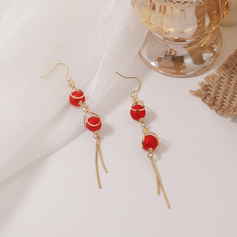 Korea air drop rumbai fashion all-match online influencer halus mutiara merah anting-anting wanita K