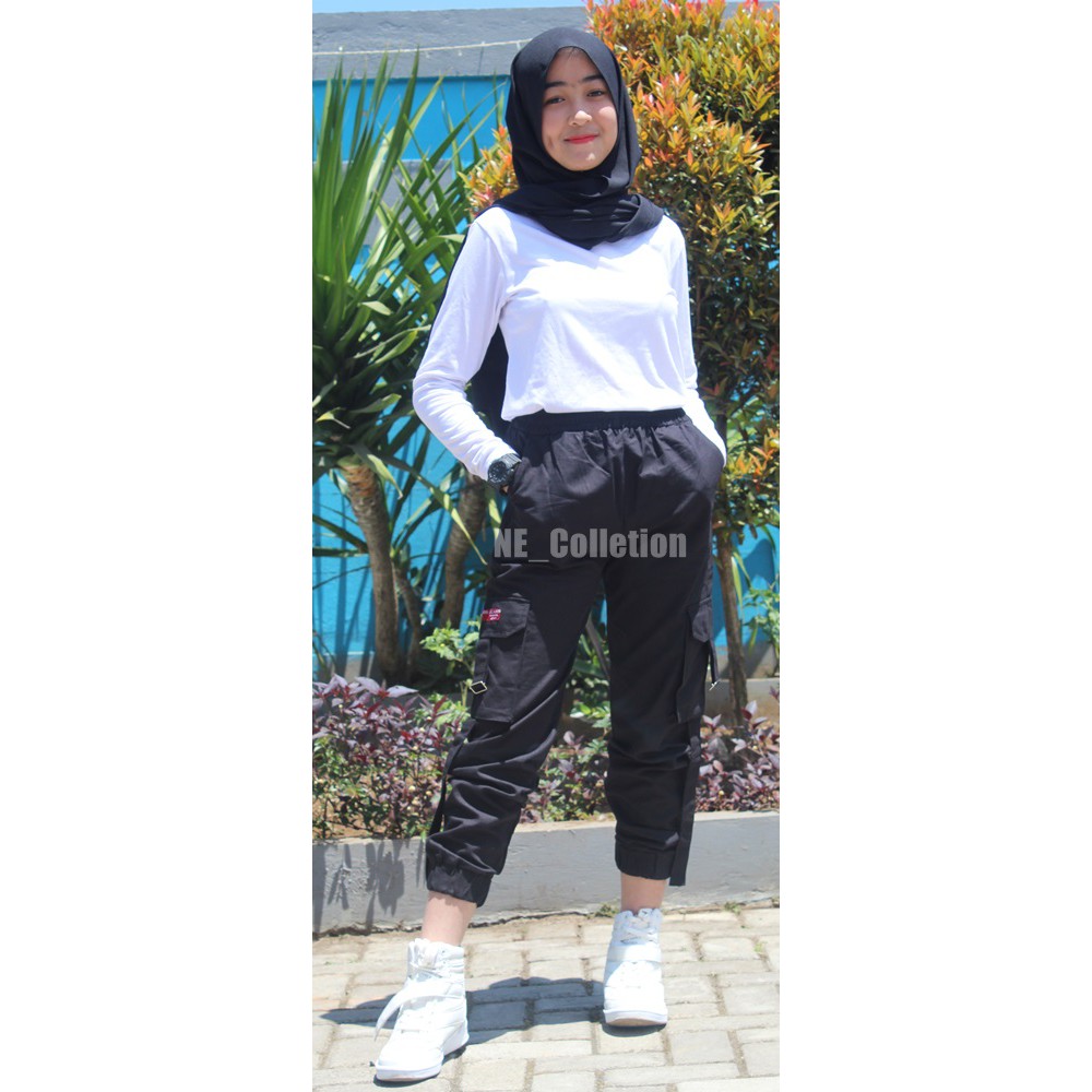 Celana Jogger PDL Wanita Celana Panjang Slim Fit Katun Premium Pinggang Elastis Jogger Cargo BLACK