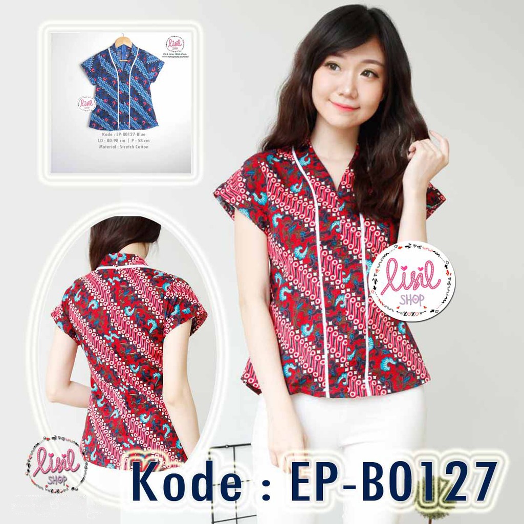 Baju Wanita Atasan Batik Cewek Blouse Batik Katun Stretch V Neck