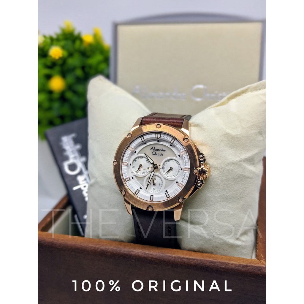 Alexandre Christie AC 6416 Jam Tangan Wanita Rose Gold Kulit Coklat Dial Putih