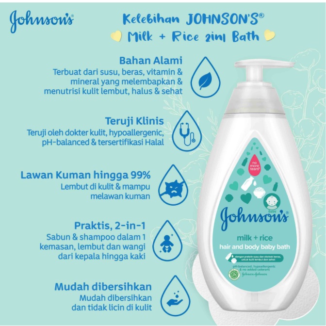 Johnson's Baby Milk + Rice Hair and Body Baby Bath botol 100ml