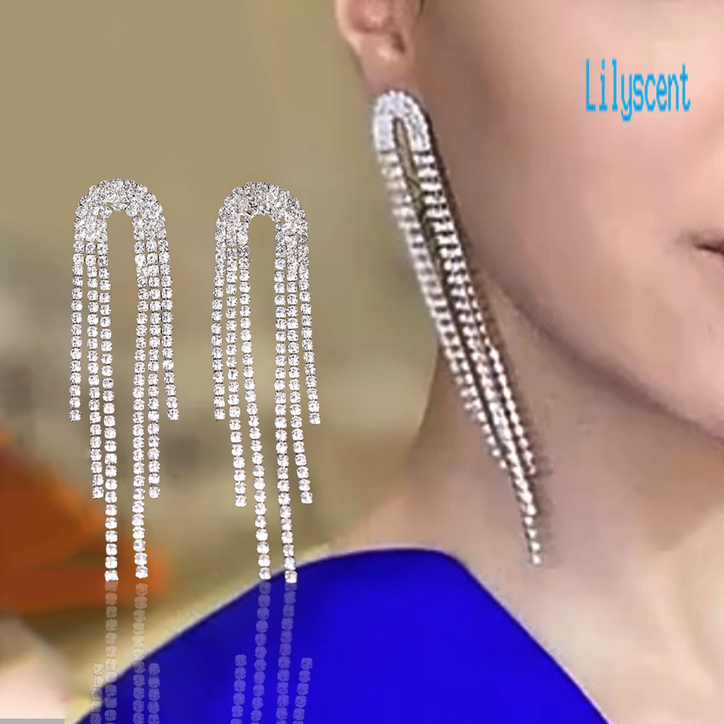 Ls 1 Pasang Anting Tusuk Gantung Wanita Desain Rumbai Hias Berlian Imitasi Gaya Korea Berkilau Untuk Banquet