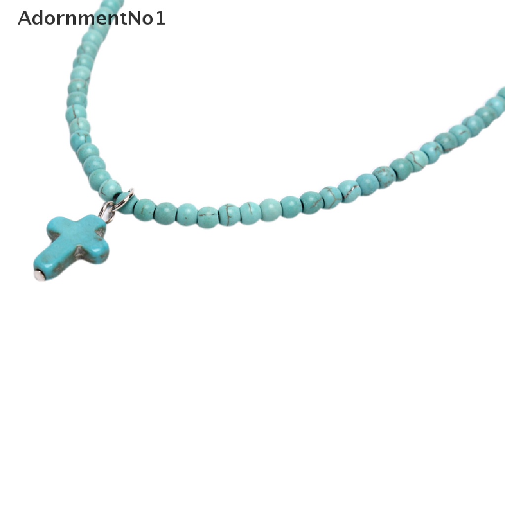 (AdornmentNo1) Kalung Choker Rantai Fashion Gaya Bohemia Motif Salib + Batu Turquoise Untuk Wanita / Pantai