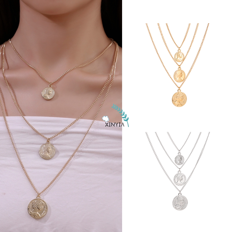 Kalung Rantai Multilayer Liontin Rantai Sweater Boho Koin Gold / Silver Untuk Wanita